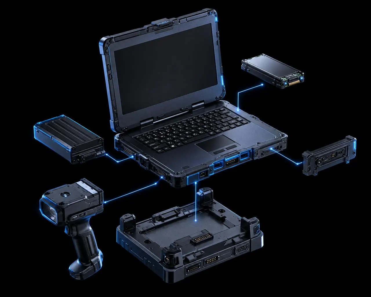 Rugged Notebook mit modularen Komponenten: SSD, Akku, Port-Modul, Barcode-Scanner und Docking-Station